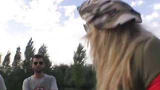 Rough threesome fucking with nasty blonde with big tits and huge cocked studs Thumbnail